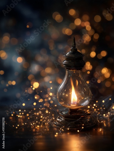 Old Lantern Glows Softly Among Warm Lights in a Dim Space During Evening Hours