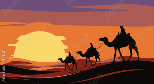 Camels in desert at sunset silhouette of camel caravan