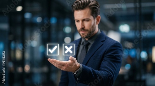 Man making a decision between a checkmark and an x mark with a futuristic interface overlay