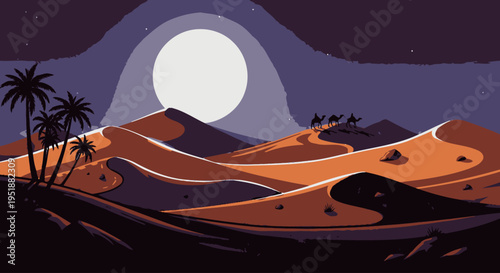 Desert Landscape at Night with Full Moon and Palm Trees
