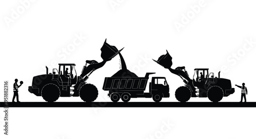 Set of 3 black silhouette construction vehicles and workers vector