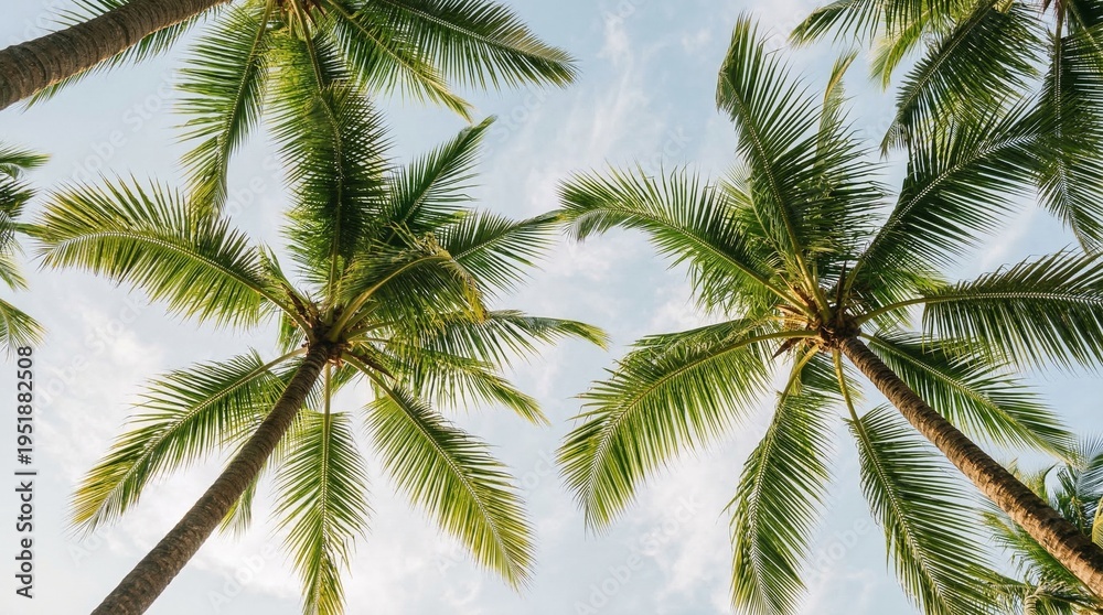 Obraz premium View Looking Up Through Lush Green Palm Tree Fronds Towards a Bright Blue Sky