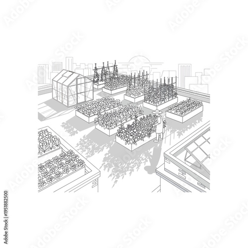 urban rooftop garden with greenhouse and planters