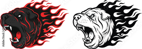 Aggressive roaring dog head with fiery flames, a powerful and intense graphic design in two color variations, black and white.