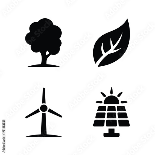 Sustainable Energy Icons Tree Leaf Wind Turbine Solar Panel Collec
