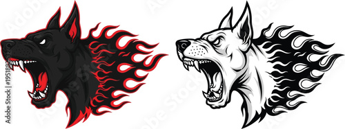 Two fierce snarling dog heads with fiery trails, one in black and red, the other in grayscale, depicted in a powerful graphic design style.