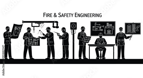 Set of 7 fire safety engineering vector illustrations