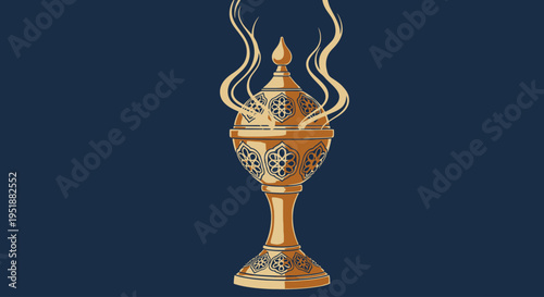 Golden Incense Burner with Smoke on Dark Background