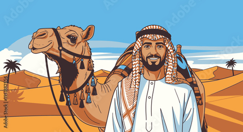 Middle Eastern man with camel in desert landscape