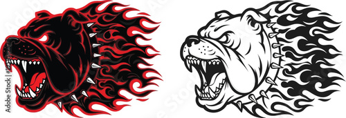Furious bulldog mascot with fiery mane and spiked collar, presented in both color and monochrome vector art, roaring with open mouth and sharp teeth.