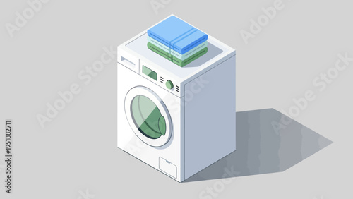 Isometric Washing Machine with Folded Laundry on Top.