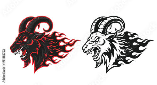Two fierce goat head mascots with flaming manes, one in red and black, the other in monochrome, depicting power and aggression.