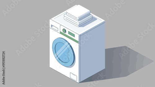 Isometric washing machine with laundry on top, clean and modern appliance.