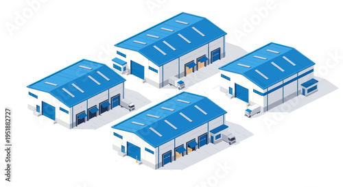 Photos Isometric warehouses industrial buildings complex with blue roofs