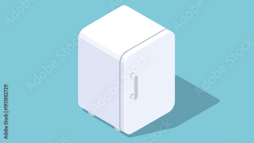 Isometric White Refrigerator Appliance with Handle on Blue Background.