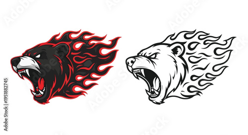 Two fierce bear heads roaring with fiery flames, one in color and one in black and white outline, dynamic mascot design.