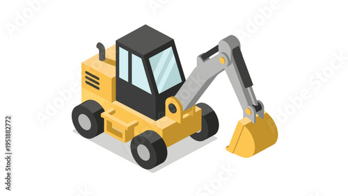 Isometric Yellow Excavator Construction Vehicle Isolated on White Background.