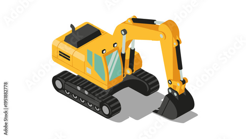 Isometric Yellow Excavator Construction Vehicle Isolated on White Background.