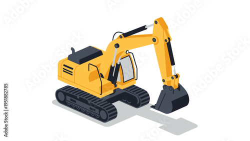 Isometric Yellow Excavator Heavy Construction Equipment Vehicle.