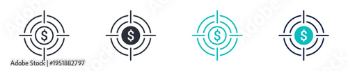 Target money icons, dollar in focus target symbol, business goal and financial success icon in line and silhouette style, vector illustration