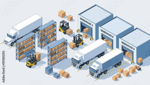 Logistics Warehouse Operations with Forklifts and Trucks.