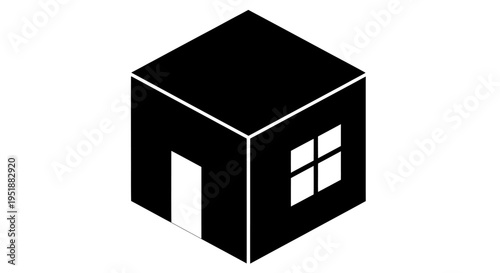 Minimalist Black Cube House Icon with Door and Window.