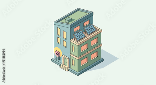 Modern Apartment Building with Solar Panels on Roof.
