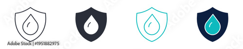 Water protection icons, shield with water drop symbol, environmental safety and clean water icon in line and silhouette style, vector illustration
