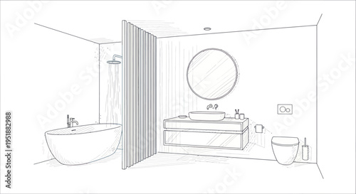 Modern Bathroom Interior Design Sketch with Bathtub and Vanity.