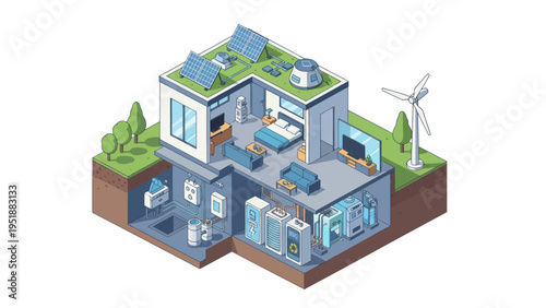Modern Eco-Friendly House with Solar Panels and Wind Turbine.