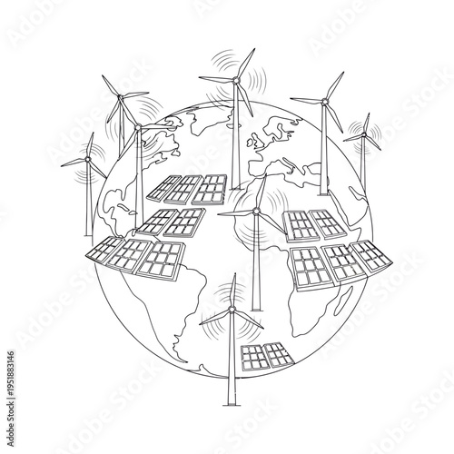 global renewable energy network with wind turbines and solar panels on world map