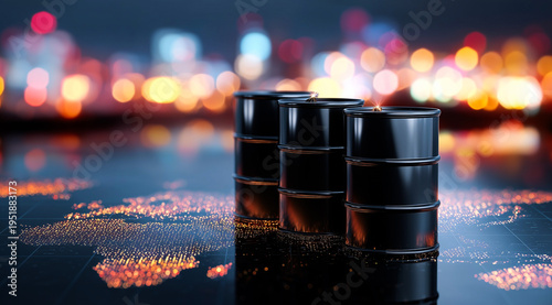 Three black industrial oil drums on a reflective surface with a glowing orange map of the world and a blurred evening city background