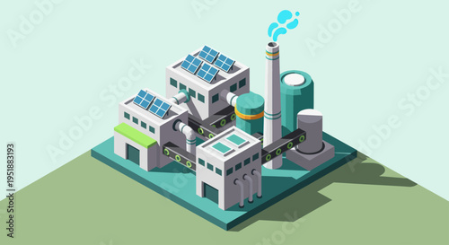 Modern Industrial Facility with Solar Panels and Smokestack.