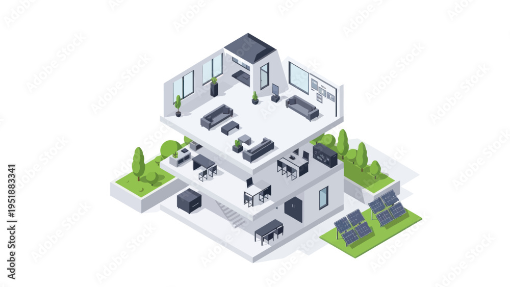 Fototapeta premium Modern Isometric Smart Home with Solar Panels and Greenery.