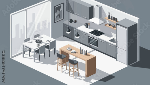 Modern Isometric Kitchen Design with Island and Dining Area.