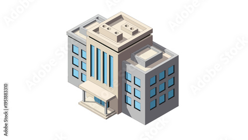 Modern Isometric Office Building with Blue Windows and Flat Roof.