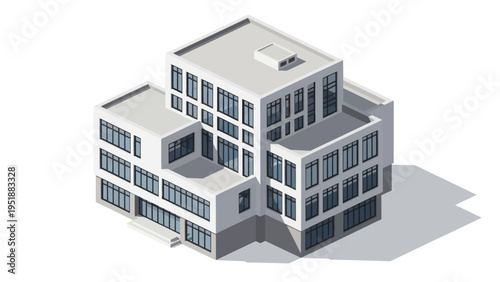Modern Isometric Office Building with Multiple Floors and Large Windows.