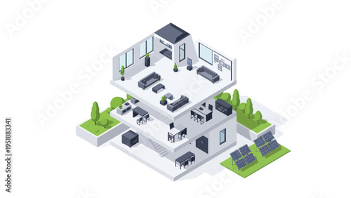 Modern Isometric Smart Home with Solar Panels and Greenery.