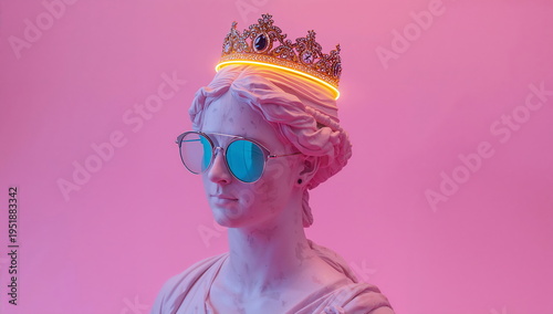 Statue wearing sunglasses with a crown under pink light at a modern art exhibit