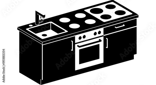 Modern Kitchenette with Sink Stove and Oven Black and White Illustration.