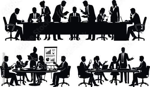 Business meeting silhouettes set, corporate team discussion scenes, office collaboration concept, professional people working together, vector illustration isolated on white
