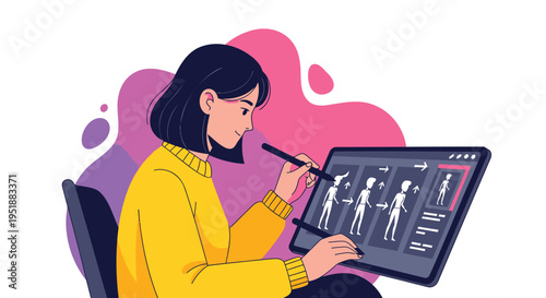 Vector illustration of woman using graphics tablet, digital drawing