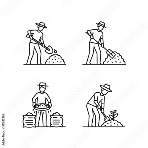 Set of four line art illustrations depicting a farmer performing various agricultural tasks, including digging, raking, sifting, and planting.