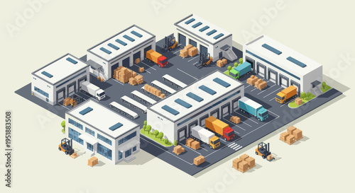 Modern Logistics Warehouse Complex with Trucks and Forklifts.