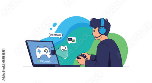 Vector illustration of a gamer with laptop and headset