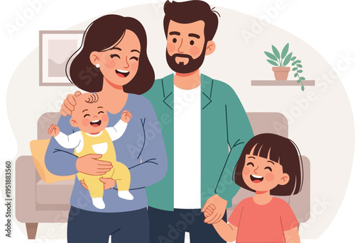 Happy parents embrace their two young children in a bright, modern living.