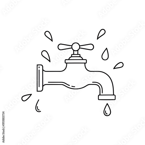 Black and white line drawing of bathroom sink faucet with running water