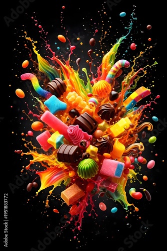 vibrant splash of candy, chocolate, gummy candy and sweets and jelly lollies, on a dark background