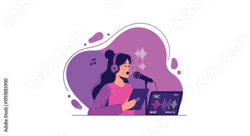 Vector illustration of woman singing into microphone with laptop