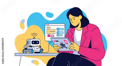 Vector illustration of woman working with robot and laptop